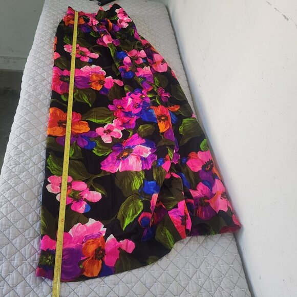 Vtg 70s Floral Maxi Skirt Black Pink Purple Orange Hawaiian Boho Hippie S - Picture 9 of 9